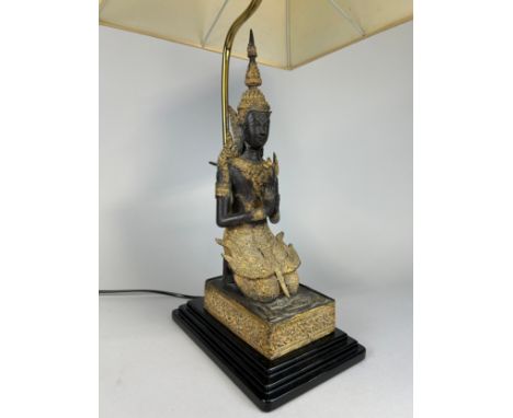A THAI BRONZE AND GILT 'BUDDHA' LAMP WITH SHADE, Height with shade 76cm H