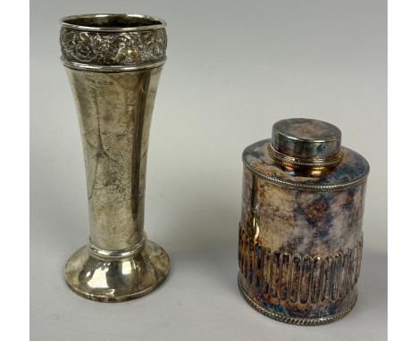 A WEIGHTED SILVER VASE ALONG WITH A SILVER PLATED TEA CADDY, Silver vase weight: 330gms and 19cm H