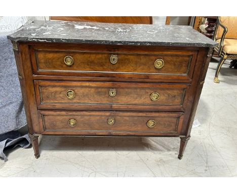 A 19TH CENTURY FRENCH COMMODE WITH GREY VARIEGATED MARBLE TOP, 112cm x 86cm x 46cm Ormolu mounts, inlay and escutcheons.