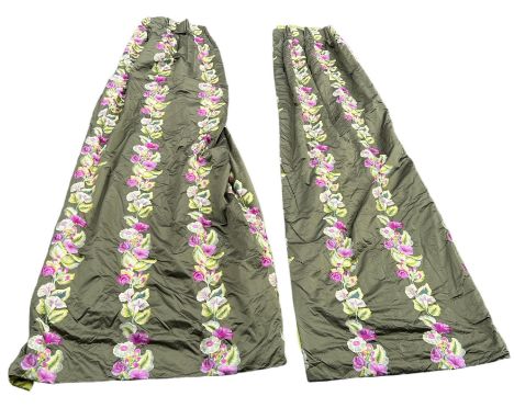 A PAIR OF GREEN FLORAL EMBROIDERED CURTAINS, 260cm x 175cm each.
