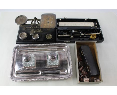 VINTAGE DESK ITEMS JOB LOT INC SILVER PLATE MAPPIN AND WEBB INKWELL POSTAL SCALES 