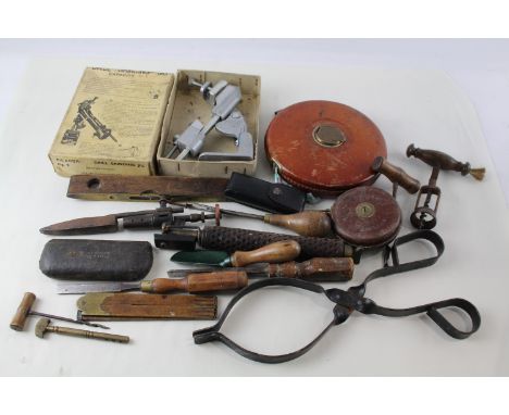 ANTIQUE VINTAGE TOOLS LEATHER TAPE MEASURES, HORN AND SOLDERING ITEMS ETC