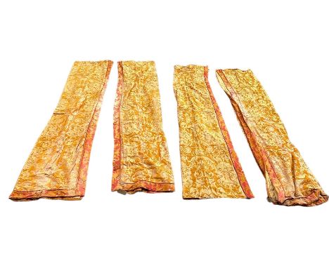TWO PAIRS OF YELLOW ORANGE AND RED DAMASK CURTAINS 400cm x 178cm each.
