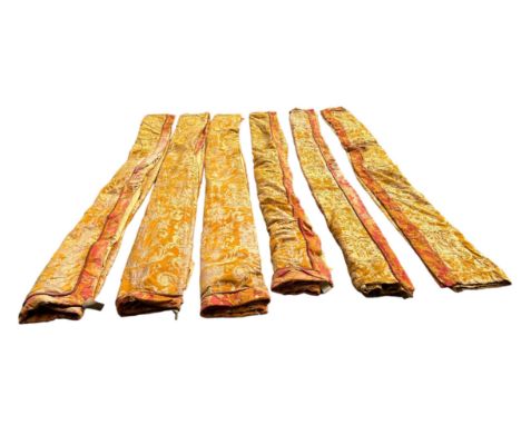 THREE PAIRS OF YELLOW ORANGE AND RED DAMASK CURTAINS (6), 400cm x 178cm each.