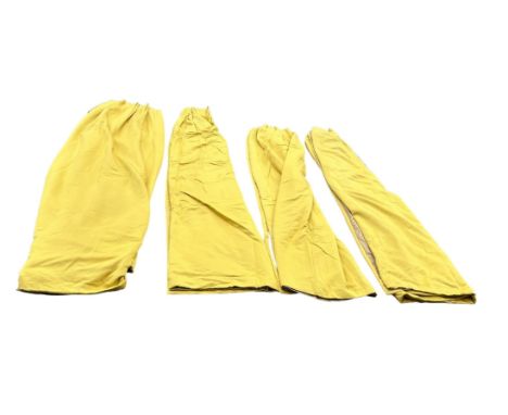 A SET OF FOUR YELLOW LINED CURTAINS, 275cm x 260cm each.