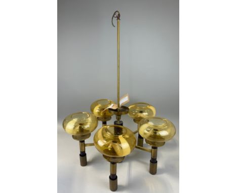 A MID CENTURY DESIGN CHANDELIER WITH GLASS SHADES, 94cm x 57cm