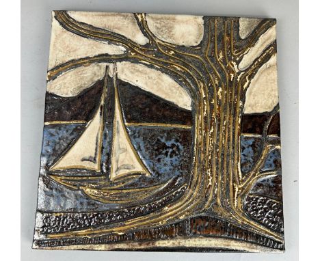 A LARGE CERAMIC TILE DEPICTING A SHIP,34.5cm x 34.5cm