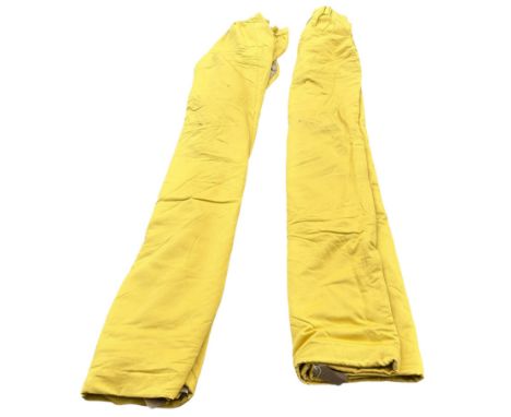 A PAIR OF YELLOW LINED CURTAINS, 240cm x 230cm