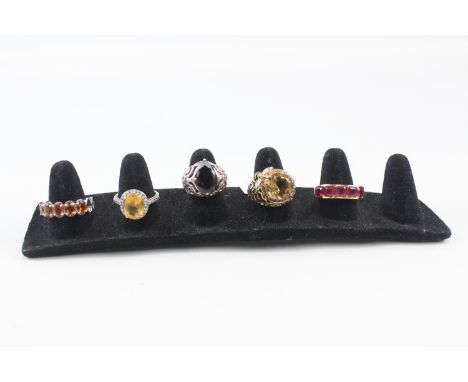 COLLECTION OF STERLING SILVER GEMSTONE RINGS INC. SMOKEY QUARTZ, RUBY X6Weight 24g
