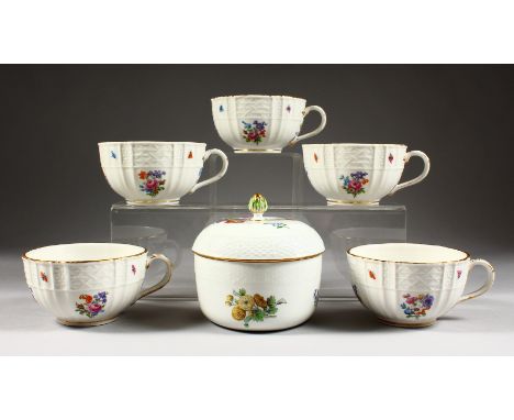 A SET OF FIVE LARGE MEISSEN CUPS, painted with flowers and butterflies, cross swords mark in blue and A CIRCULAR SUGAR BOWL A