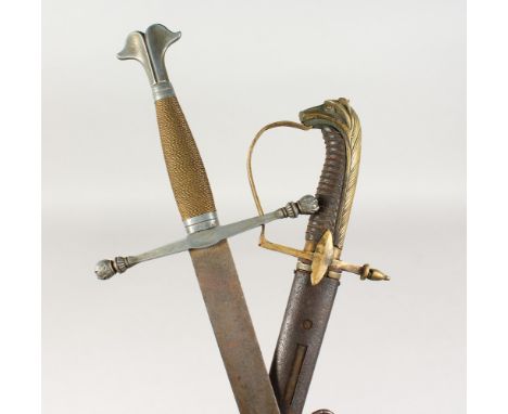 A CAVALRY SWORD, plain curved blade, brass stirrup hilt with horses head pommel, brass scabbard overlaid with steel mounts, 3