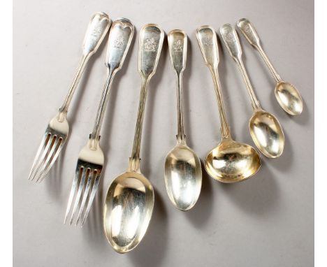 A LARGE CANTEEN OF FIDDLE AND THREAD CUTLERY, comprising ten tablespoons, ten dessert spoons, eleven teaspoons, nine smaller 