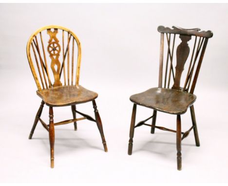 AN 18TH CENTURY OAK COMB BACK SINGLE CHAIR, and a wheelback chair (2).