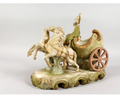 A BISQUE POTTERY GROUP, young lady with chariot and two horses. 12ins long.