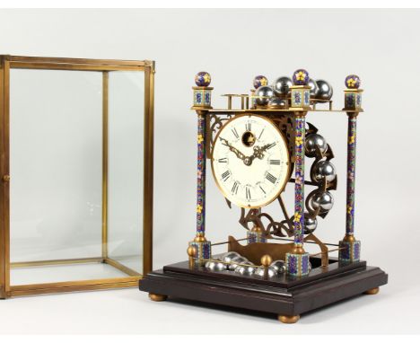 A GOOD CLOISONNE ENAMEL PRESSURE BALL CLOCK, in a glass case. 14ins high.