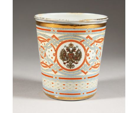 A RUSSIAN ROYAL COMMEMORATIVE ENAMEL BEAKER, dated 1896. 4.5ins high.