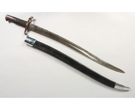 AN ARTILLERY BAYONET, with yataghan blade, chequered leather grip, replaced scabbard. 29.75ins.