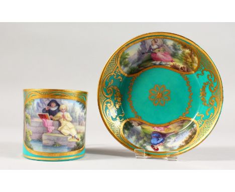 A GOOD SEVRES CUP AND SAUCER, the cup painted with a man playing a pipe, the saucer two vignettes. Sevres mark.