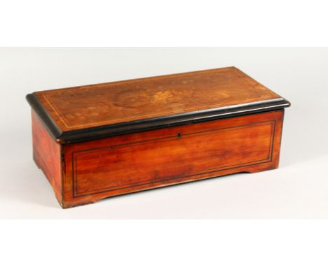 A 19TH CENTURY MUSIC BOX, playing eight airs, in an inlaid rosewood case. 19.5ins wide x 6.5ins high x 9.5ins deep.