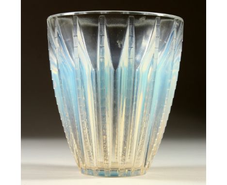 A LALIQUE BLUE TINTED VASE "CHAMOIX". Etched R. Lalique, France.  14.5cm high.