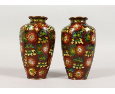 A PAIR OF JAPANESE CLOISONNE ENAMEL VASES. 6ins high.