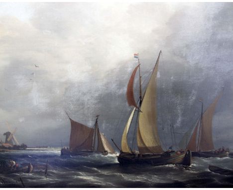 Edward Charles Williams (English, 1807-1881)Dutch Fishing Vessels Entering the Mouth of the Scheldt in a Storm Oil on panel. 
