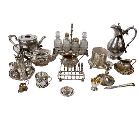 A quantity of silver plate table ware to include a teapot, cruet set, toast rack etc