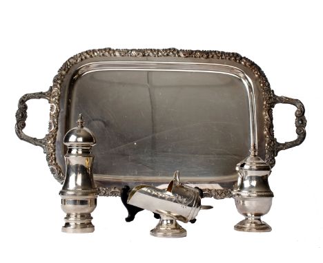 A collection of electroplated wares to include an oblong tray with cast border and loop handles, a pepper grinder and other i