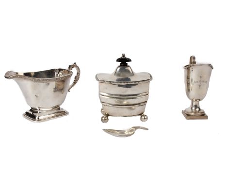 A sterling silver caddy &amp; spoon together with a milk jug and one other.Weight 18ozt