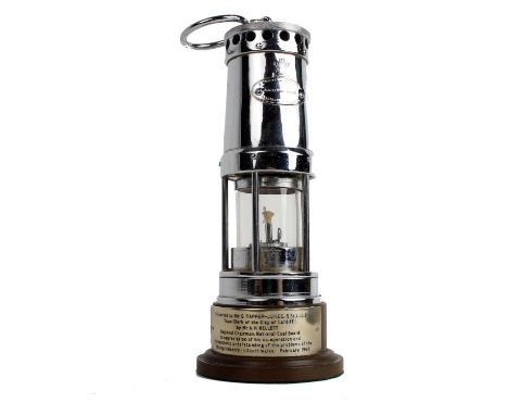 A small silver plated commemorative presentation minors lamp presented to the Mayor of Cardiff from the National Coal Board. 