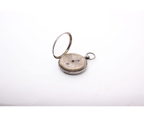 A sterling silver key wind open faced pocket watch, engine turned silver face with gilt accents and Roman numeral baton marke