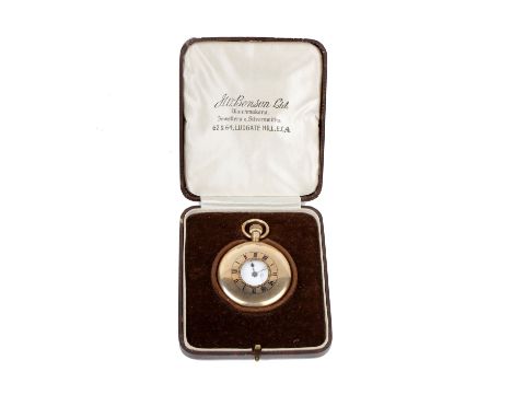 A 9ct gold gentleman's pocket watch by JW Benson London. White enamel face with Roman numeral markers and subsidiary dial at 