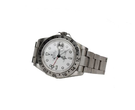 A Rolex Oyster Perpetual date explorer II superlative chronometer. Stainless steel case with white face and dagger and dot lu