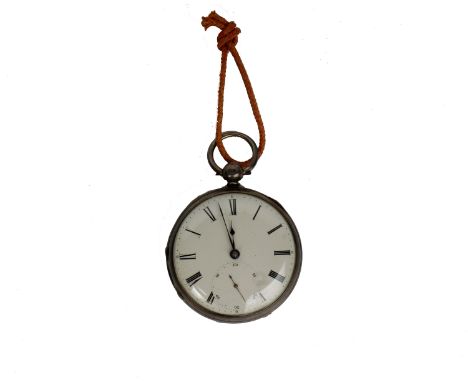 A sterling silver key wind gentleman's pocket watch. White enamel face with Roman numeral markers and subsidiary second hand 