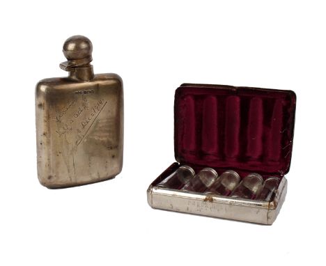 A sterling silver hip flask by J.Dixon and Son, Sheffield 1914. 9ozt together with a silver plated box with fitted interior a