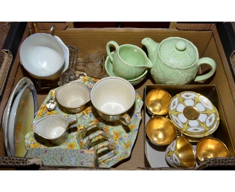 Royal Winton Grimwades 'Richmond' tea for one set, cut glass knife rests, Falcon Ware cabbage leaf teapot milk jug & sugar bo