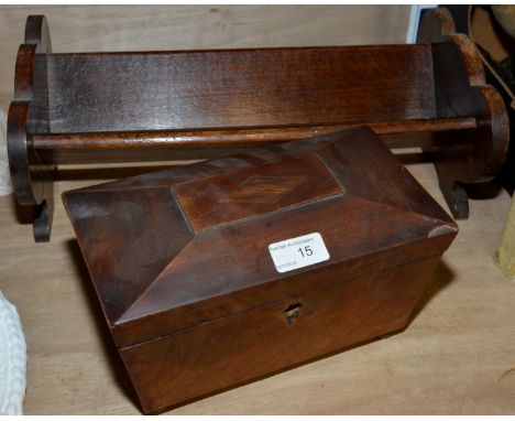 Rosewood tea caddy and small oak bookshelf 