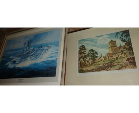 Framed print depicting 'HMS Ark Royal' by Robert Taylor and framed pencil sketch entitled 'High Noon Awre Glos' by James Prid