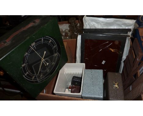 Box containing 10 x 8 dark room slides, a dark room timing clock, various light meters etc 