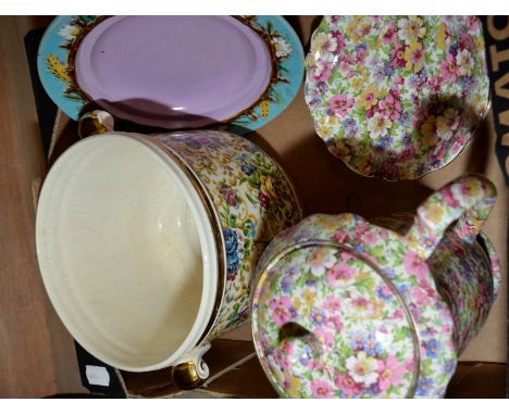 Majolica style plate with impressed markings to base, James Kent ' Du Barry' teapot and two saucers and  Chintz pattern jardi