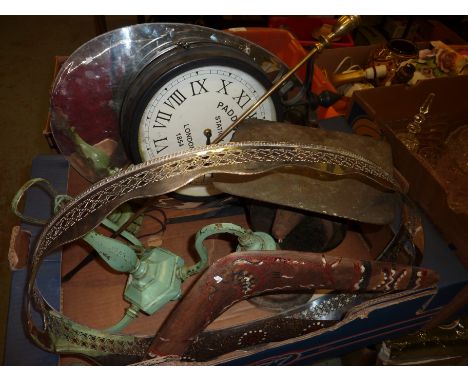 Metal three branch hanging light, set of postage scales, boomerangs etc 