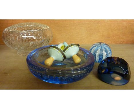 Cut glass rose bowl, Whitefriars bubble ashtray with engraved 'Goodyear', Latticino paperweight, faceted paperweight, and two