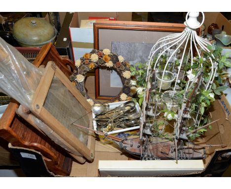 Wooden model of a boat, small selection of cutlery, wrought metal tea light holder, Hubble & Ames tennis racket etc 
