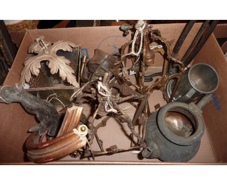 Wrought metal lanterns, pewter tankards, pewter teapot etc