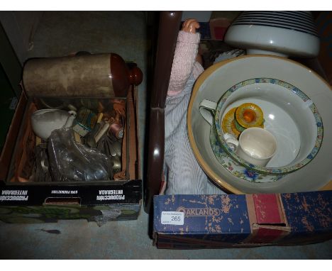 Two boxes of miscellaneous ceramics and glass including stoneware hot water bottle, commemorative mugs glass lamp shades, cut