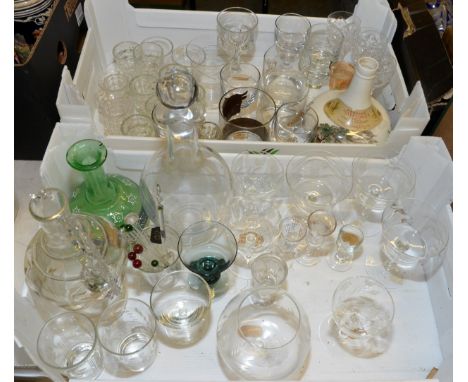 Two boxes of assorted glassware including decanters, swizzle sticks,  Copeland Spode sherry decanter etc 