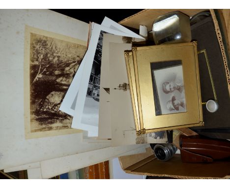 Box of assorted black and white photographs including Scarborough Harbour, Scarborough Castle etc, a Rollei advertising paper