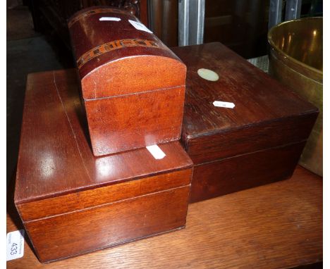 Mahogany and Tunbridge Ware domed top two sectional tea caddy and another rosewood box and another mahogany box (3)