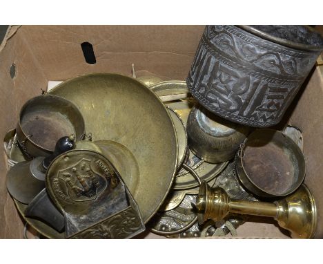 Box of assorted brass ware including planters, scales, brass bell etc