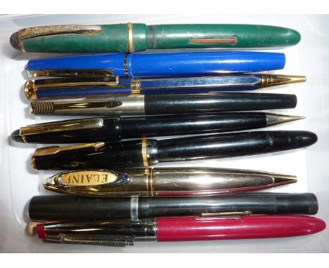 Selection of fountain pens including Osmiroid, Parker Junior Soripto, torch, a Range Rover 20th Anniversary Coin, a diabetes 